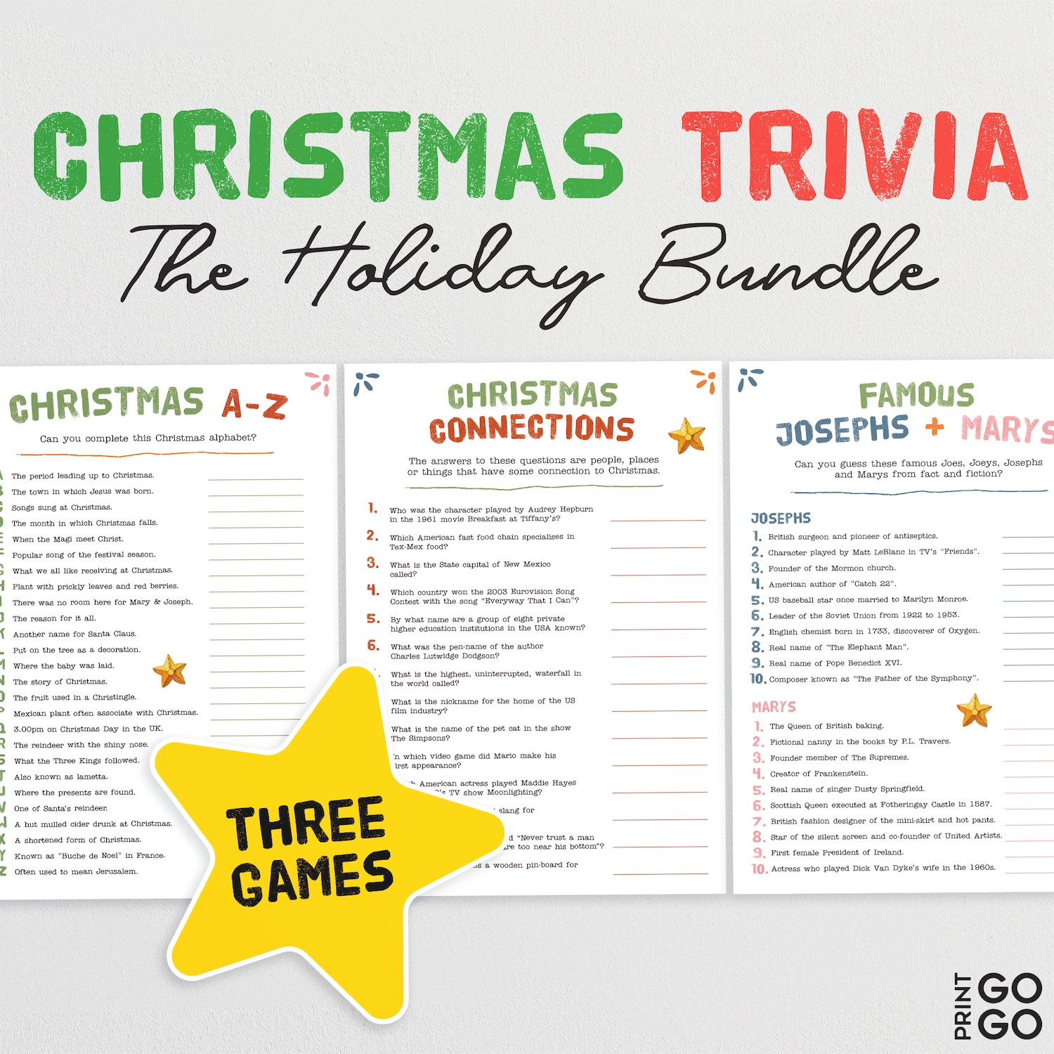 Christmas trivia bundle with three games on a white background