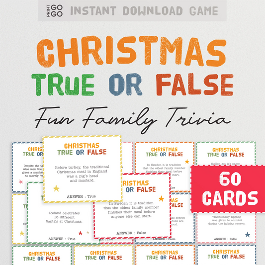 Christmas True or False trivia game with 60 cards on a white background