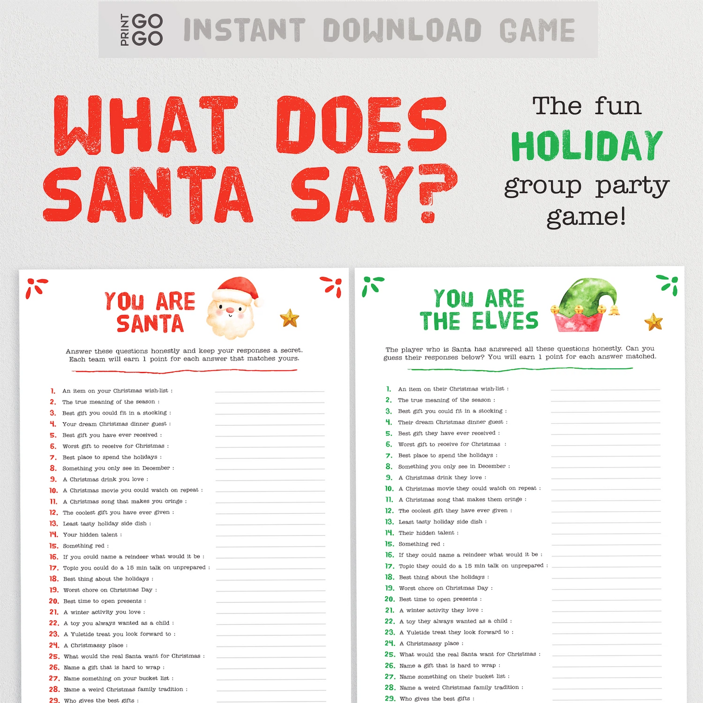 Instant download game sheet for 'What Does Santa Say?' with Santa and Elves characters on a white background.