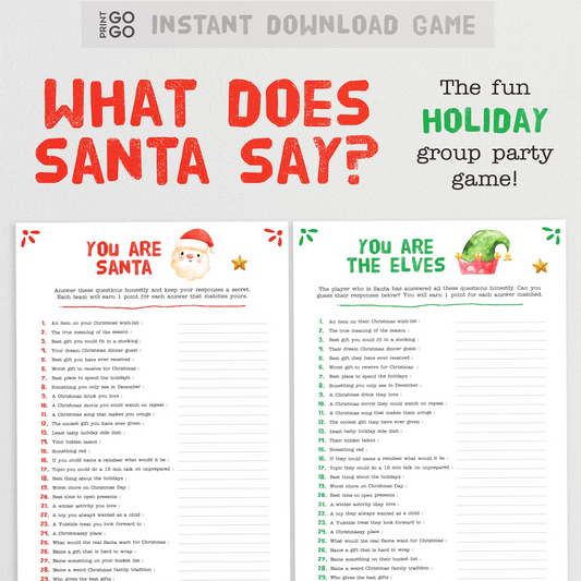 Instant download game sheet for 'What Does Santa Say?' with Santa and Elves characters on a white background.
