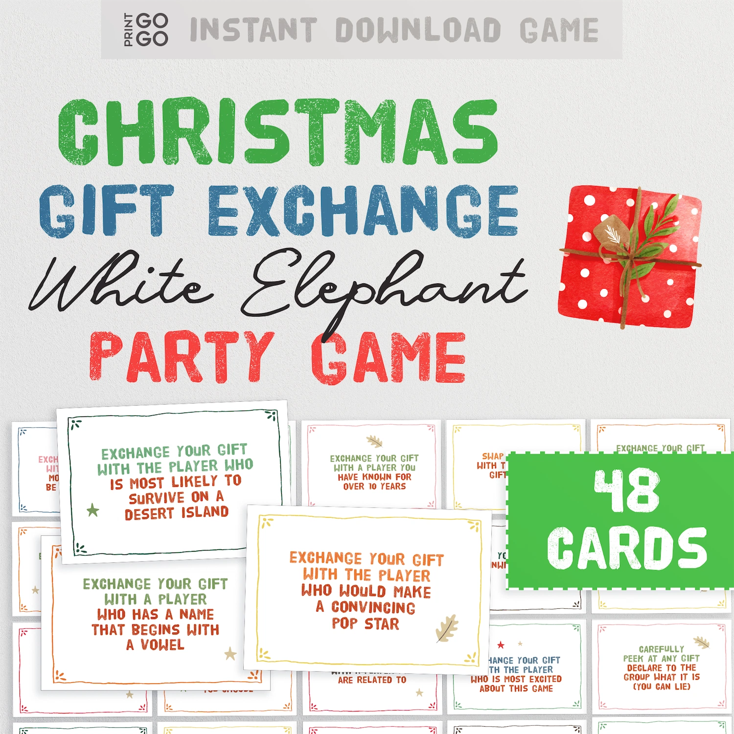 Christmas gift exchange white elephant party game with cards and a red gift box on a white background.