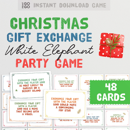 Christmas gift exchange white elephant party game with cards and a red gift box on a white background.