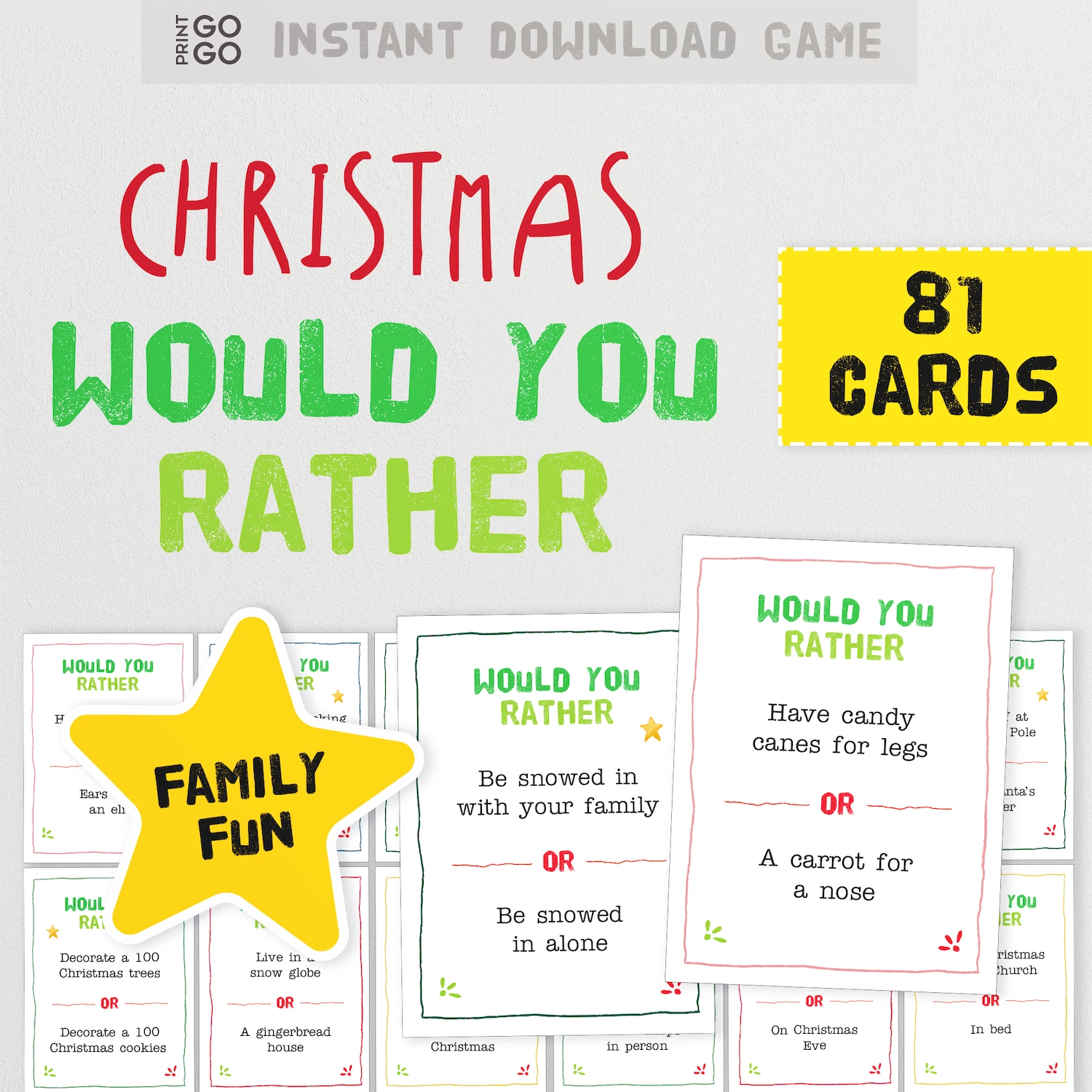 Instant download funny Christmas would you rather questions cards on a white background.
