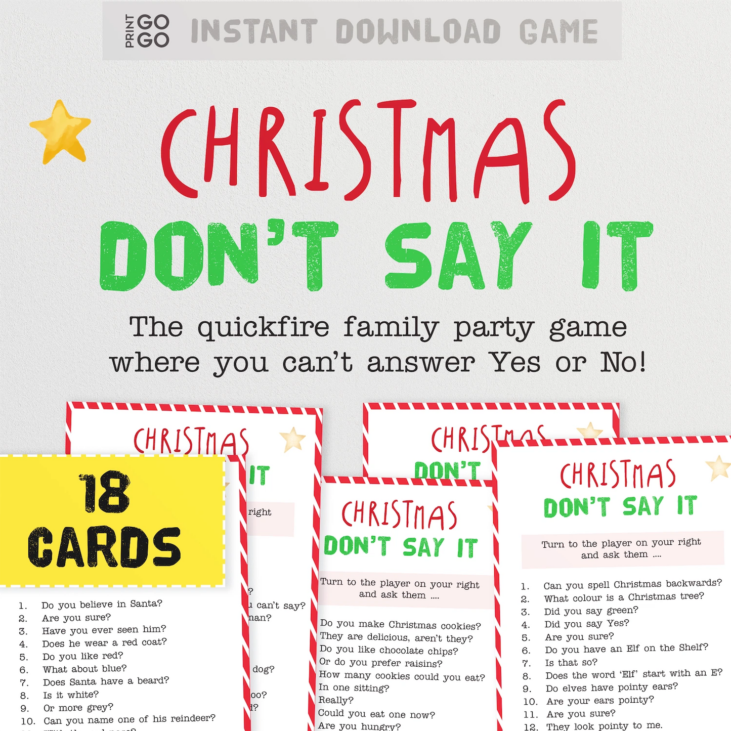 Instant download Christmas family party game or answering questions without saying yes, or no.