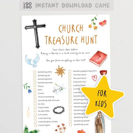Church Treasure Hunt game sheet for kids with a cross and star graphic on a white background.