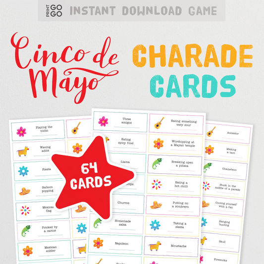 Cinco de Mayo Charade Cards with colorful graphics on a white background