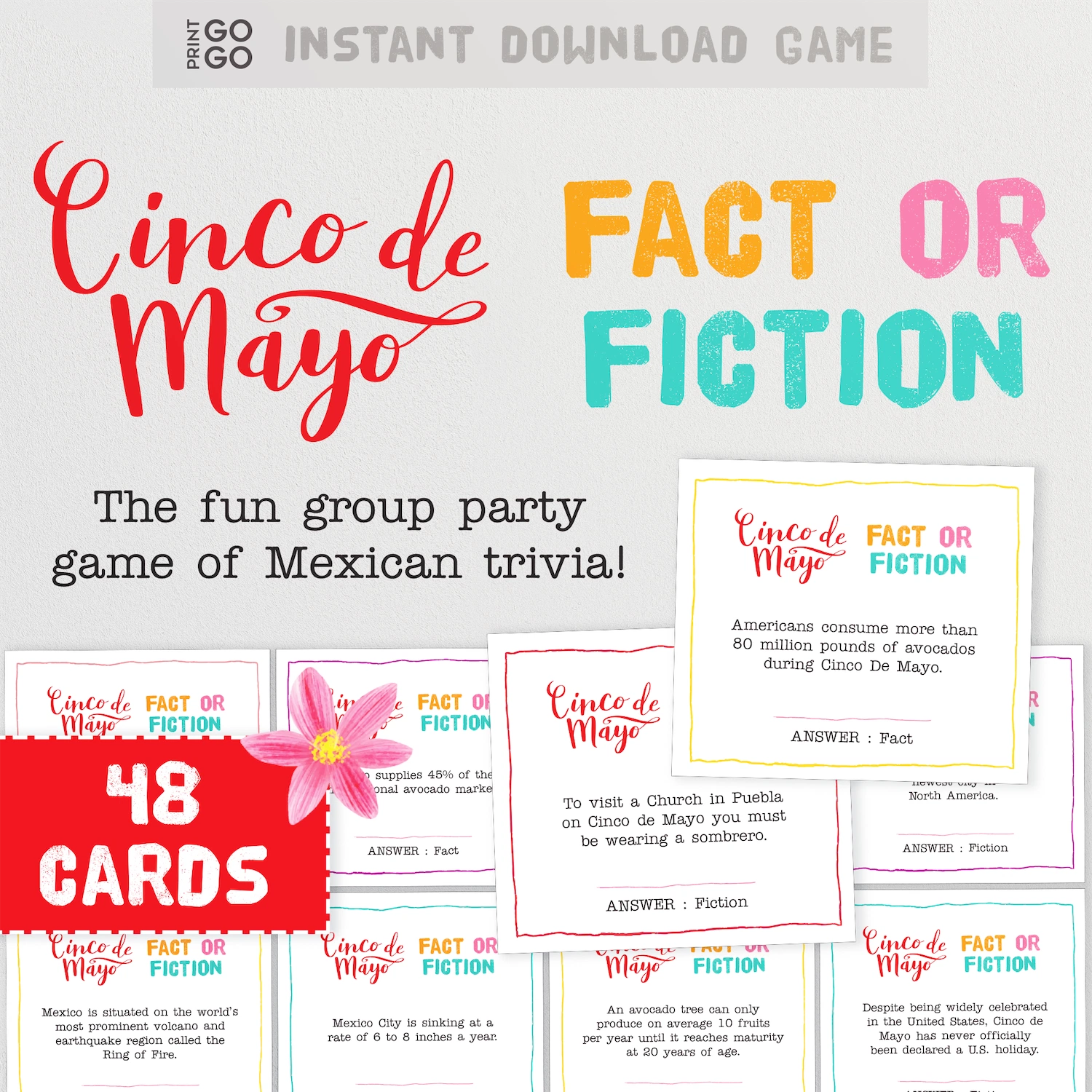 Cinco de Mayo 'Fact or Fiction' game with 48 cards on a white background