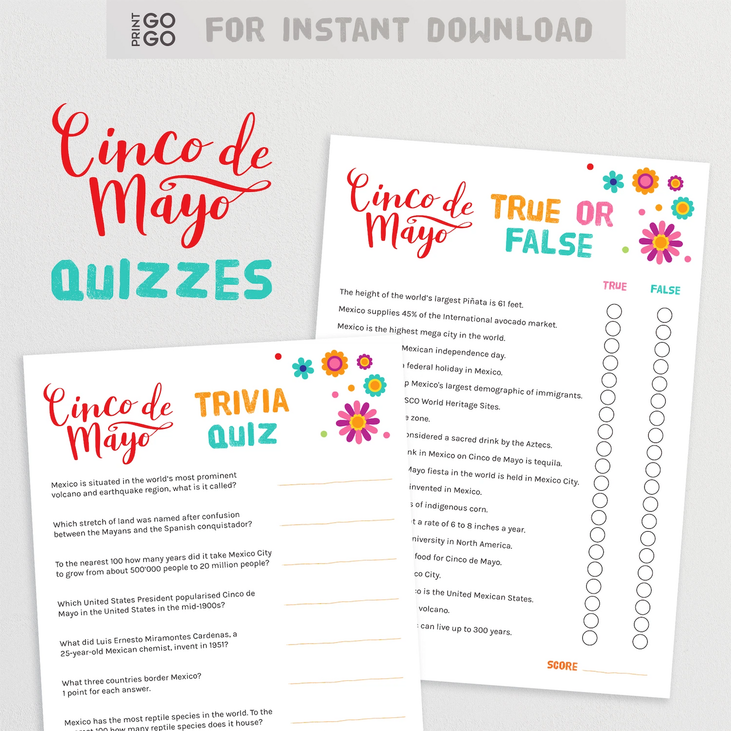 Cinco de Mayo quizzes with True or False and Trivia questions on a white background.