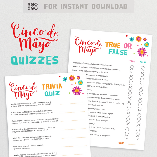 Cinco de Mayo quizzes with True or False and Trivia questions on a white background.
