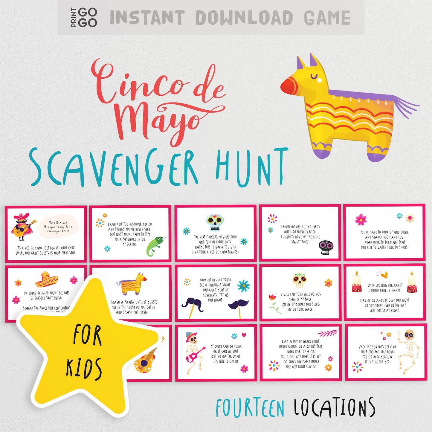 Cinco de Mayo Scavenger Hunt game for kids with colorful design and yellow star.
