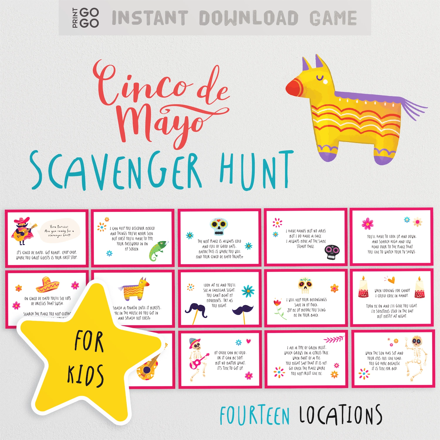 Cinco de Mayo Scavenger Hunt game for kids with colorful design and yellow star.