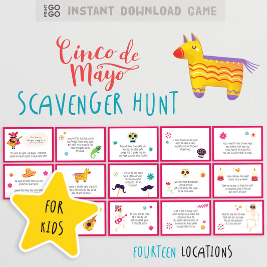 Cinco de Mayo Scavenger Hunt game for kids with colorful design and yellow star.