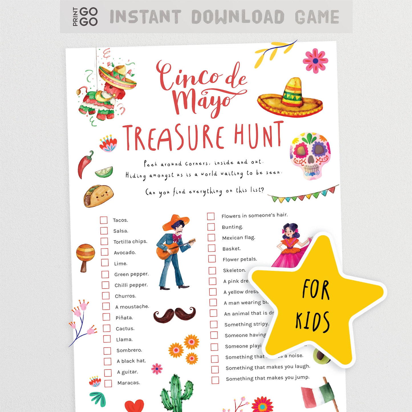 Cinco de Mayo treasure hunt game sheet for kids with colorful graphics and text.
