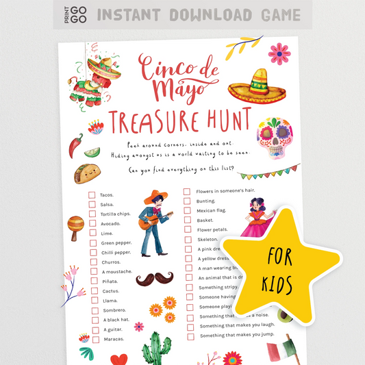 Cinco de Mayo treasure hunt game sheet for kids with colorful graphics and text.