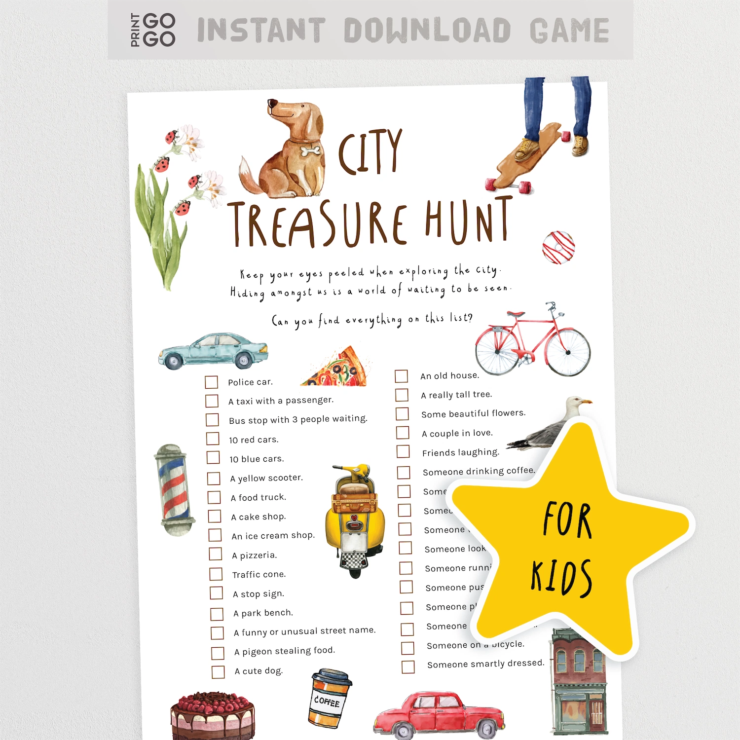 City Treasure Hunt game sheet for kids with illustrations and text on a white background.