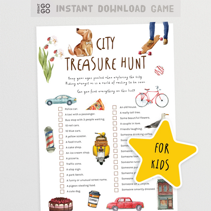 City Treasure Hunt game sheet for kids with illustrations and text on a white background.