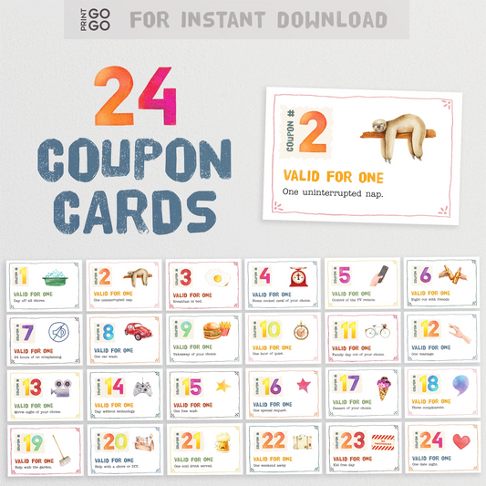 Collection of 24 coupon cards with various designs and text on a light gray background.