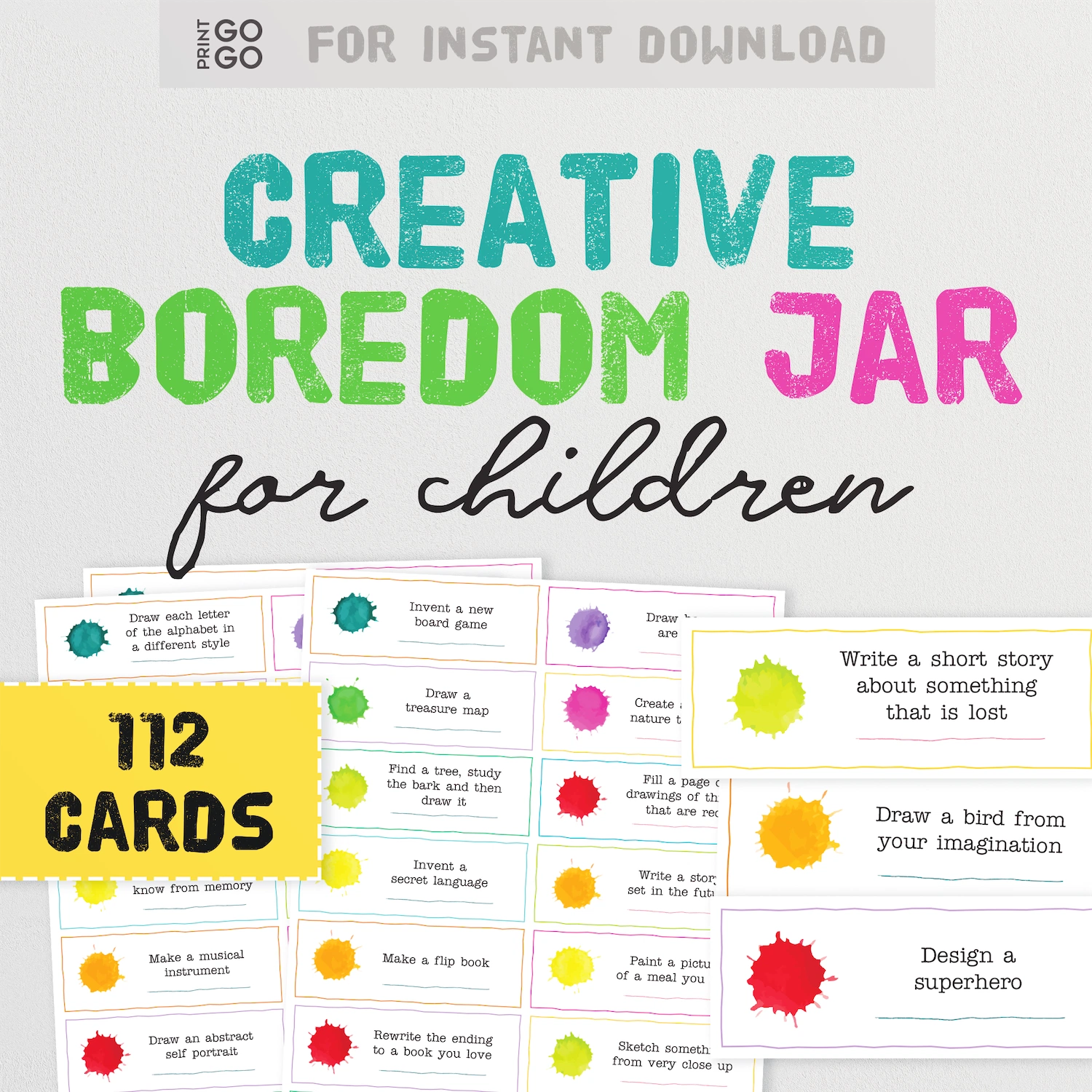 Creative boredom jar for children with 112 cards on a white background