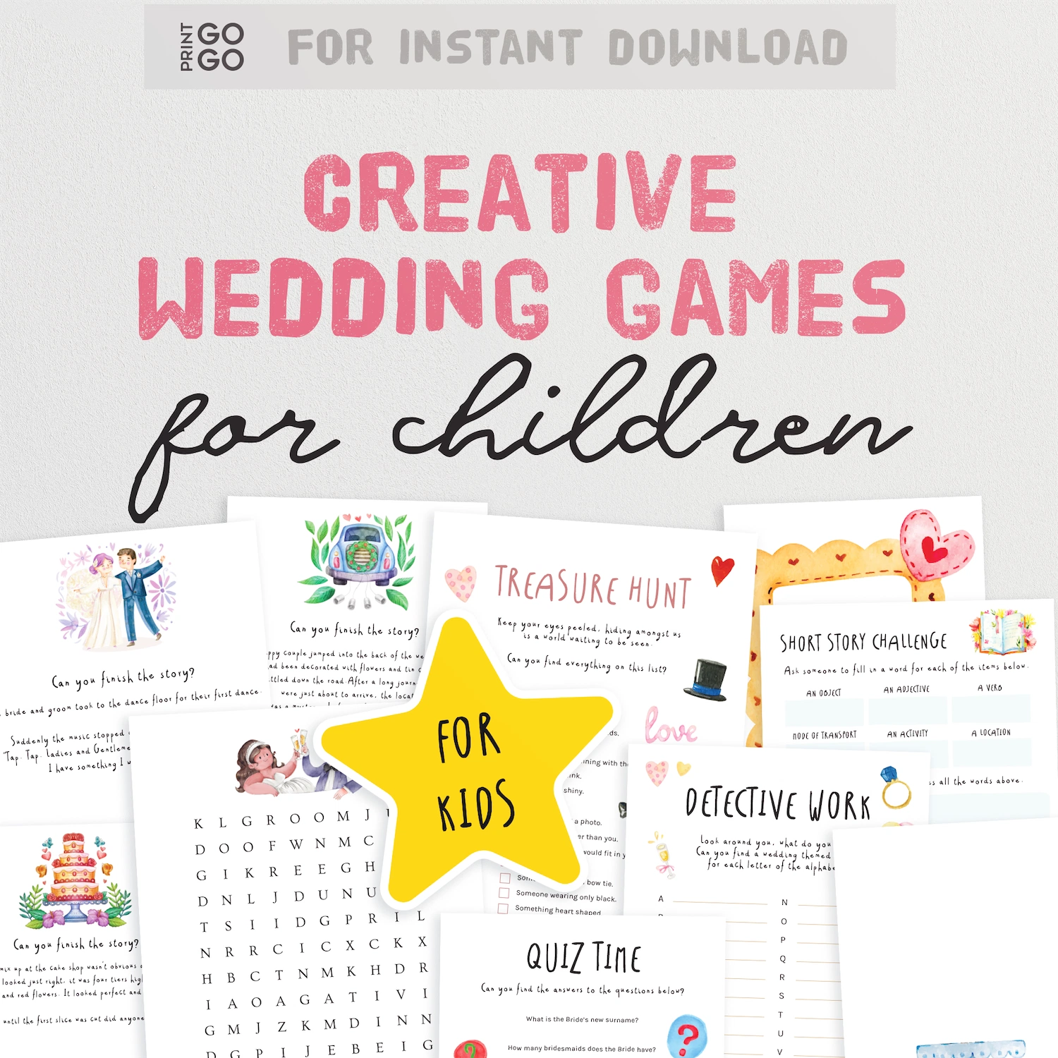 Instant download creative wedding games for children.