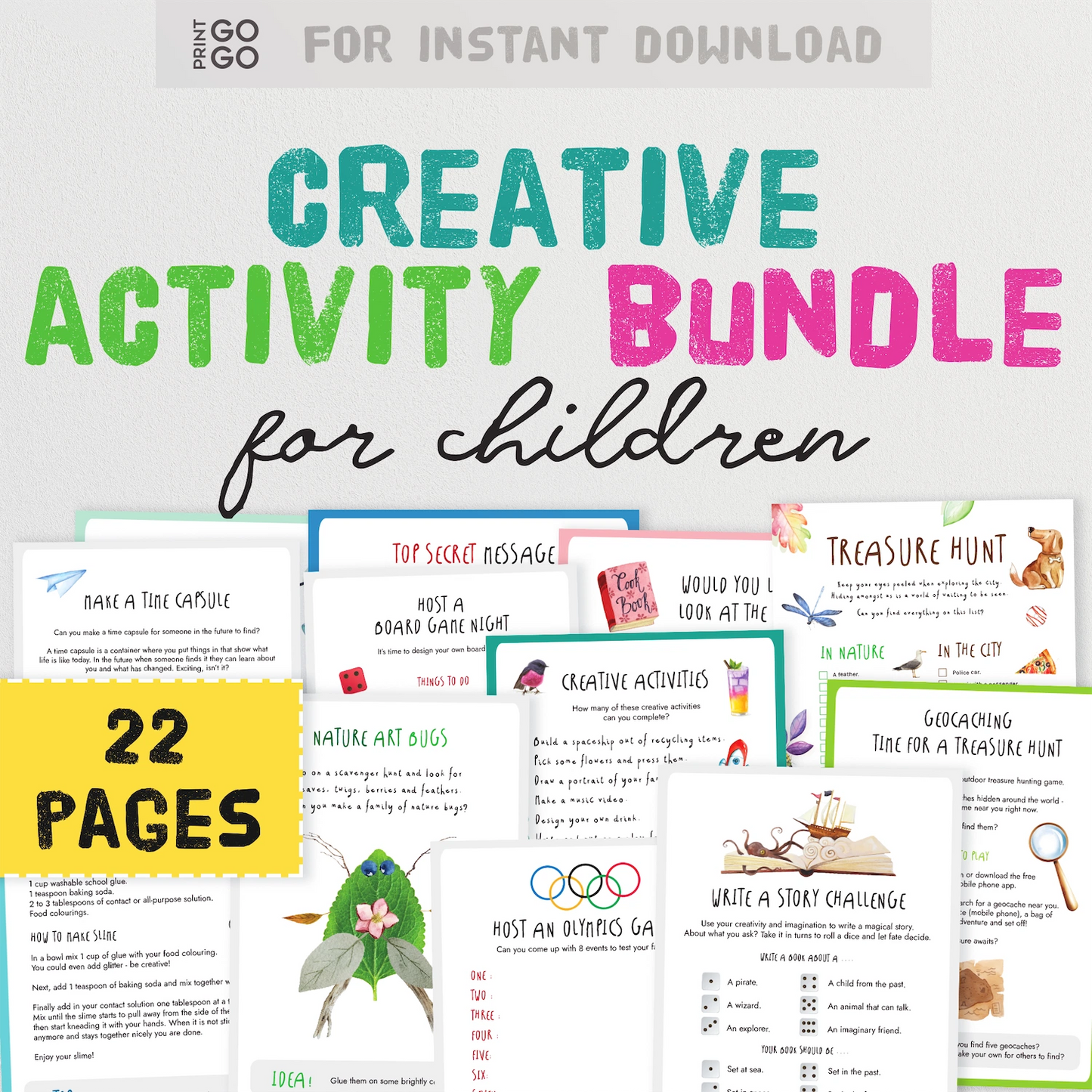 Promotional graphic for a Creative Activity Bundle for children with various activities on a white background.