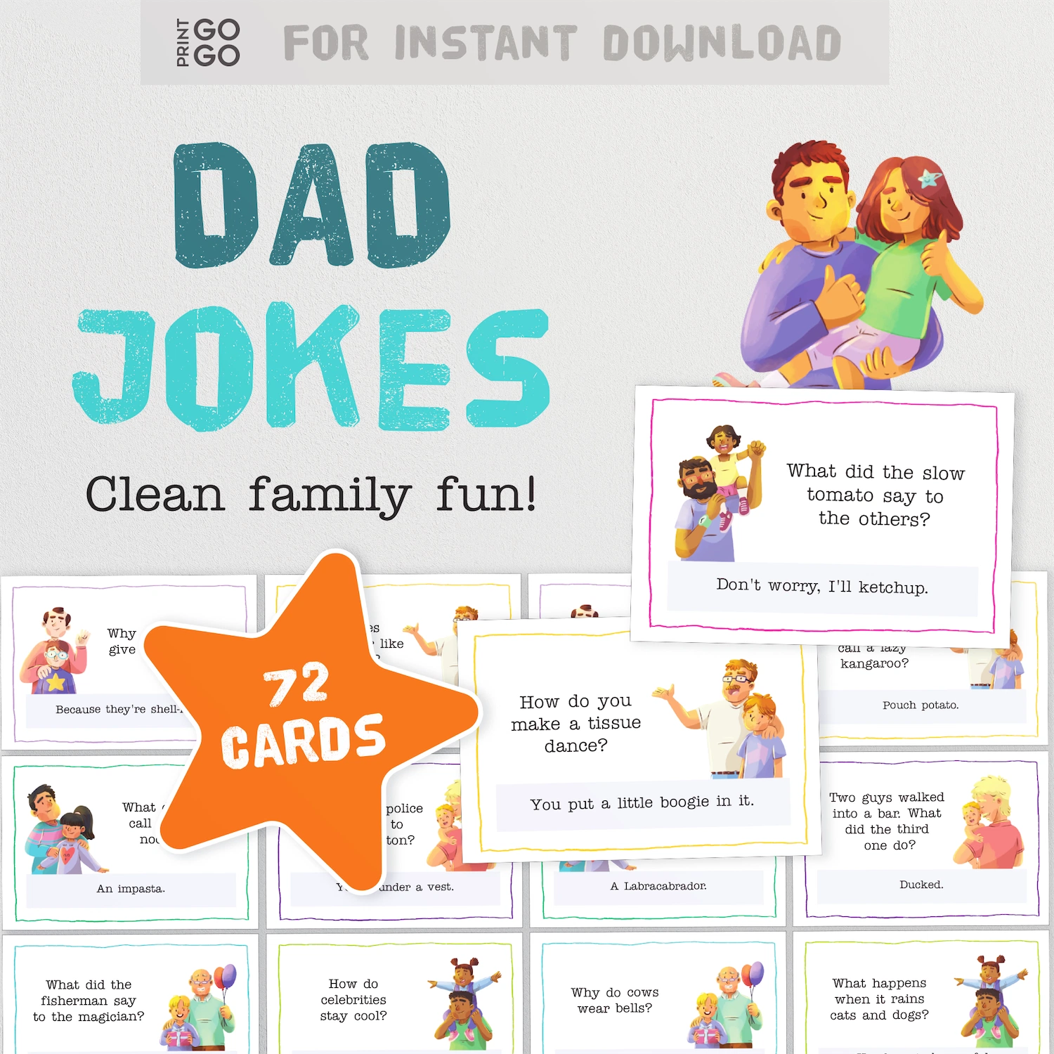 Dad jokes card game with cartoon illustrations and text on a white background