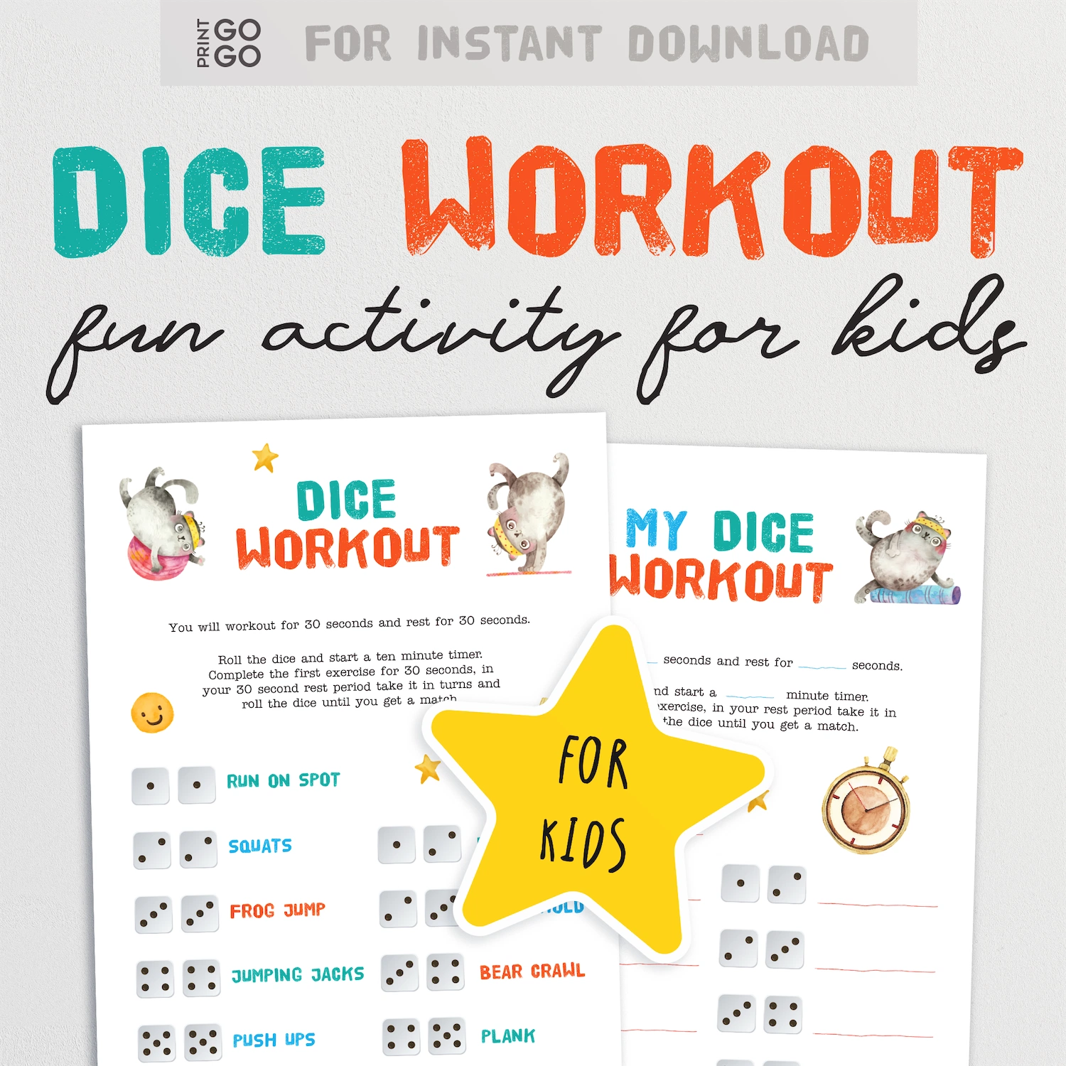 Dice workout activity sheet for kids with colorful text and illustrations on a white background.