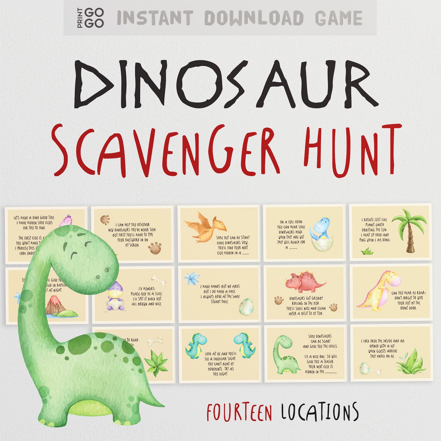 Dinosaur Scavenger Hunt game cover with a green dinosaur illustration on a light gray background.