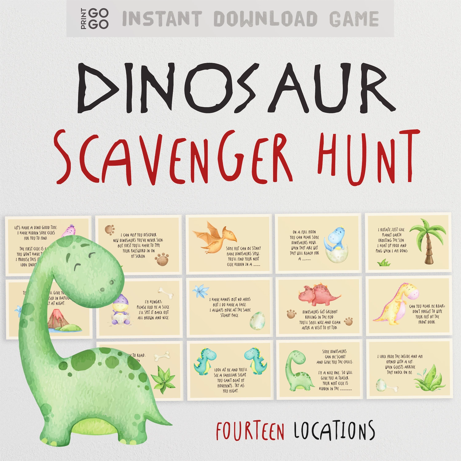 Dinosaur Scavenger Hunt game cover with a green dinosaur illustration on a light gray background.