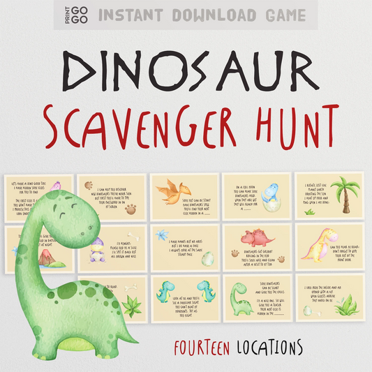 Dinosaur Scavenger Hunt game cover with a green dinosaur illustration on a light gray background.