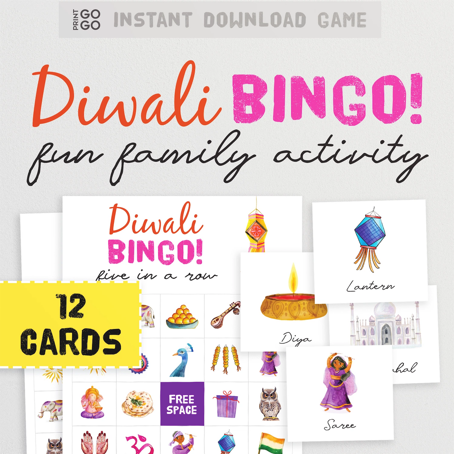 Diwali Bingo Cards - The Fun Festival of Light Party Game of Getting Five in a Row.