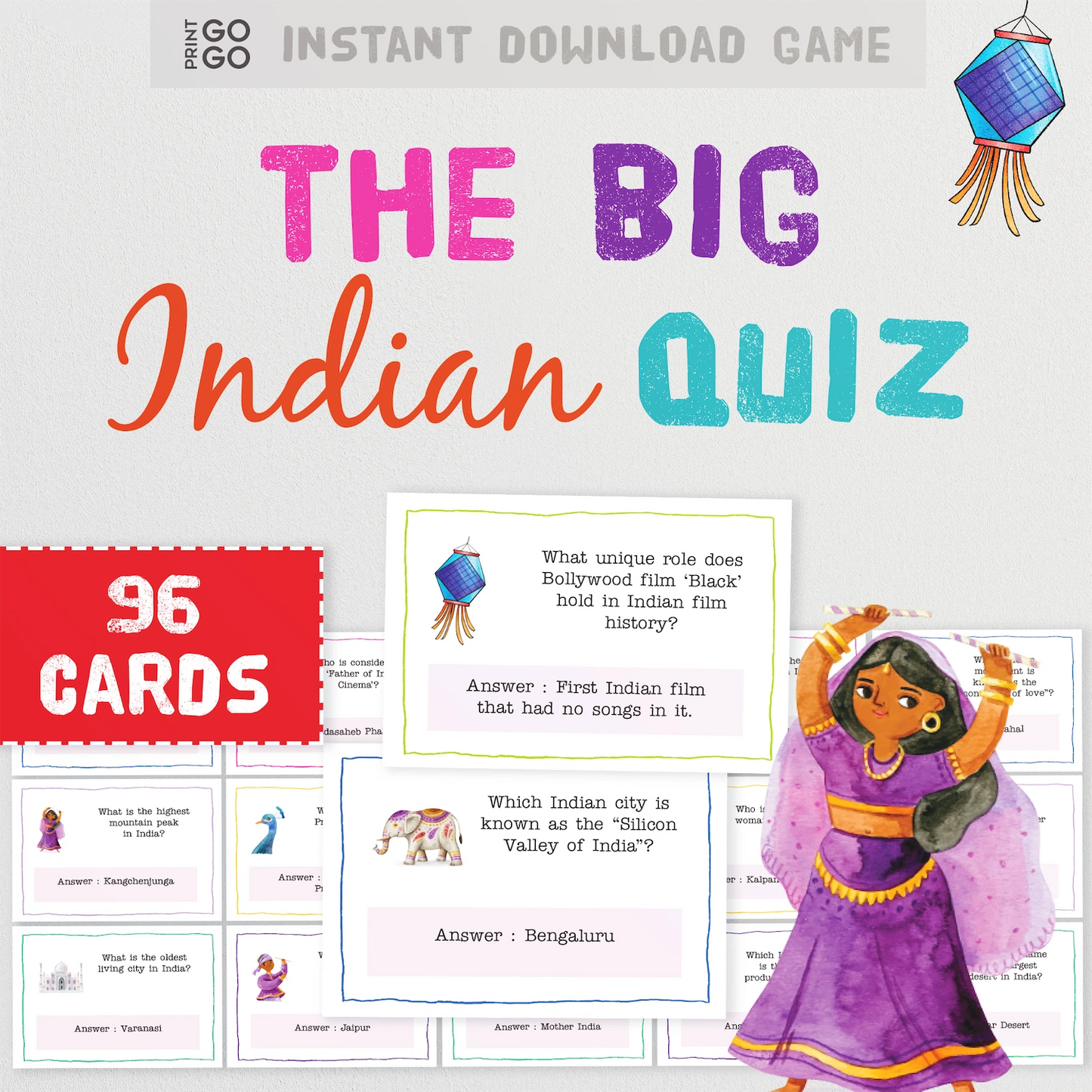 Big Indian Quiz printable PDF trivia cards – sample cards.