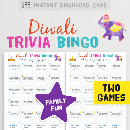 Diwali Trivia Bingo - Test Your Festival of Lights Knowledge With This Fun Family Quiz Party Game.