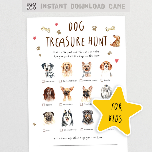 Dog treasure hunt game sheet for kids with images of dogs on a white background.