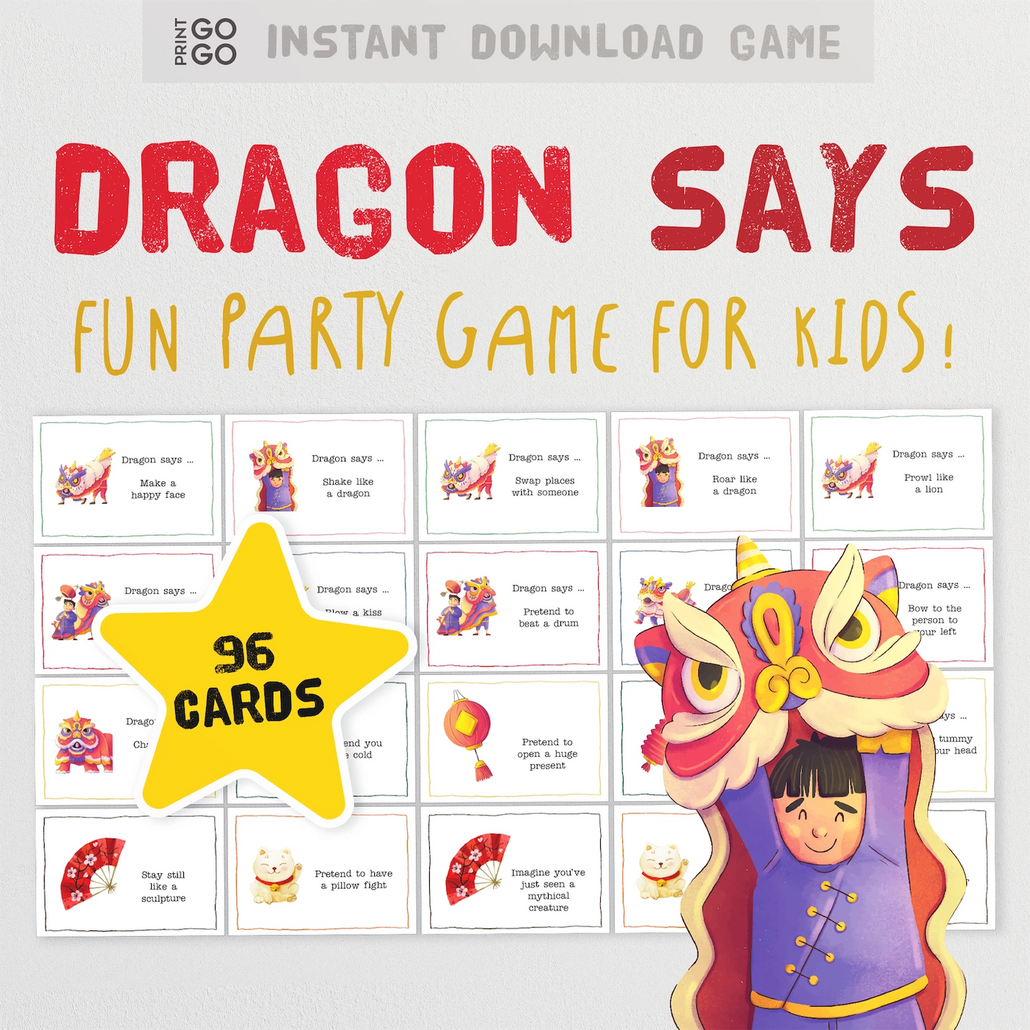 Instant download Lunar New Year party game for children and groups, based on classic Simon Says.