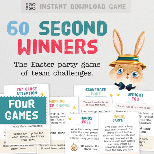 Easter-themed team challenge game with bunny character and game cards on a light gray background.