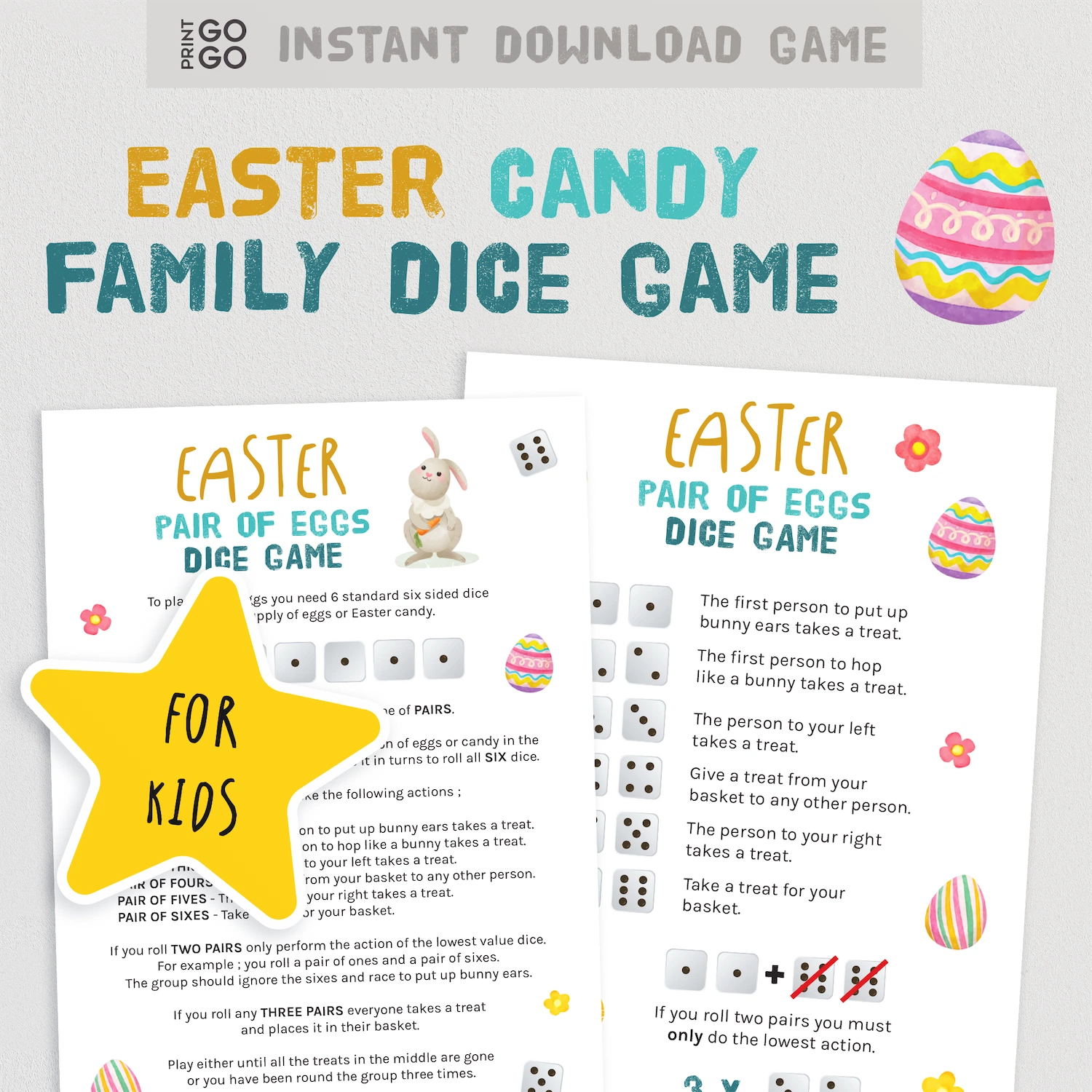 Easter family dice game instructions with colorful graphics on a white background