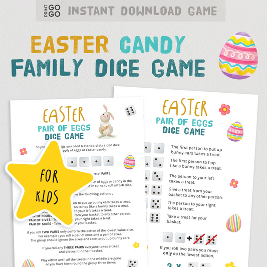 Easter family dice game instructions with colorful graphics on a white background