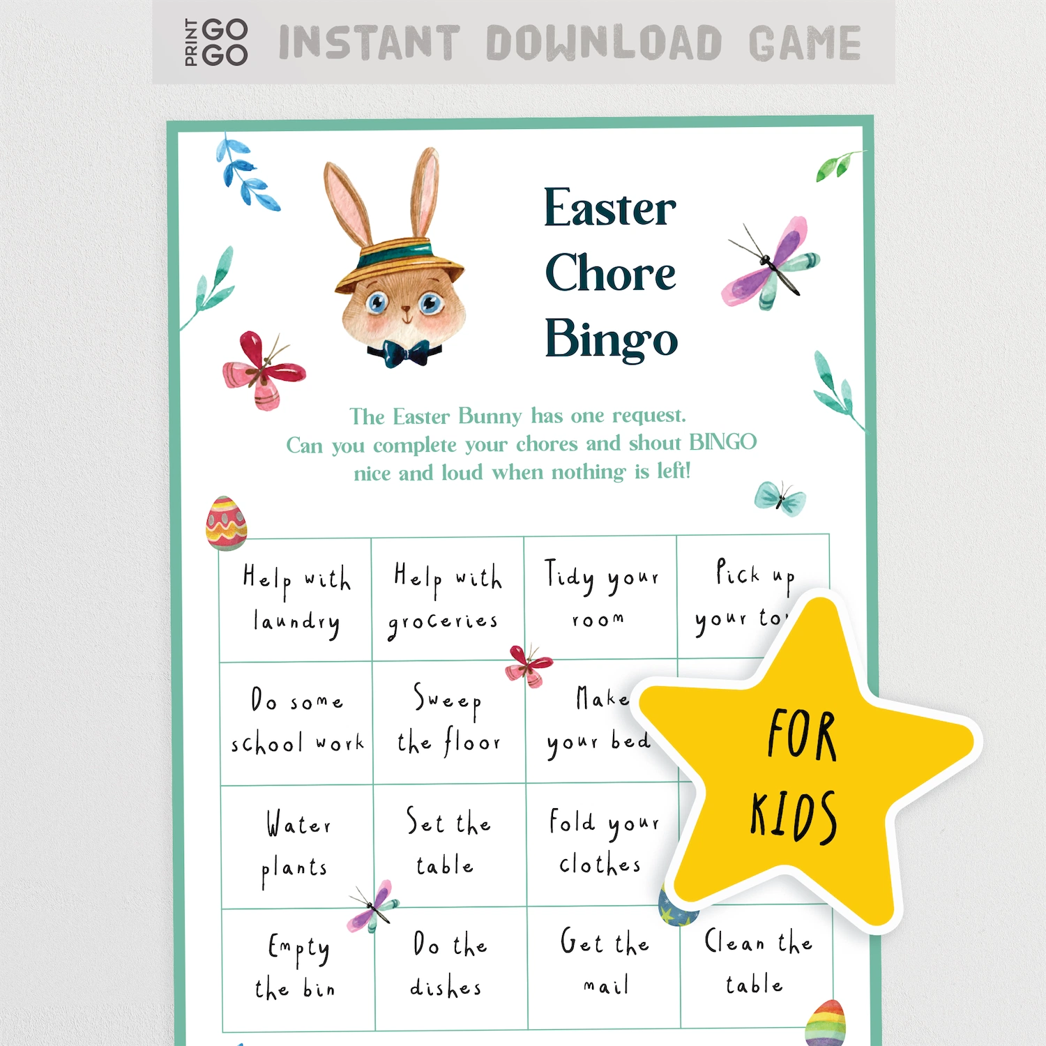 Easter Chore Bingo game for kids with a cartoon bunny and colorful design on a white background.