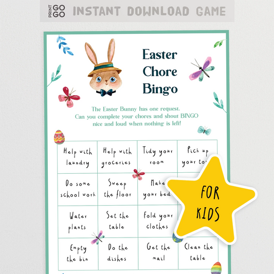 Easter Chore Bingo game for kids with a cartoon bunny and colorful design on a white background.