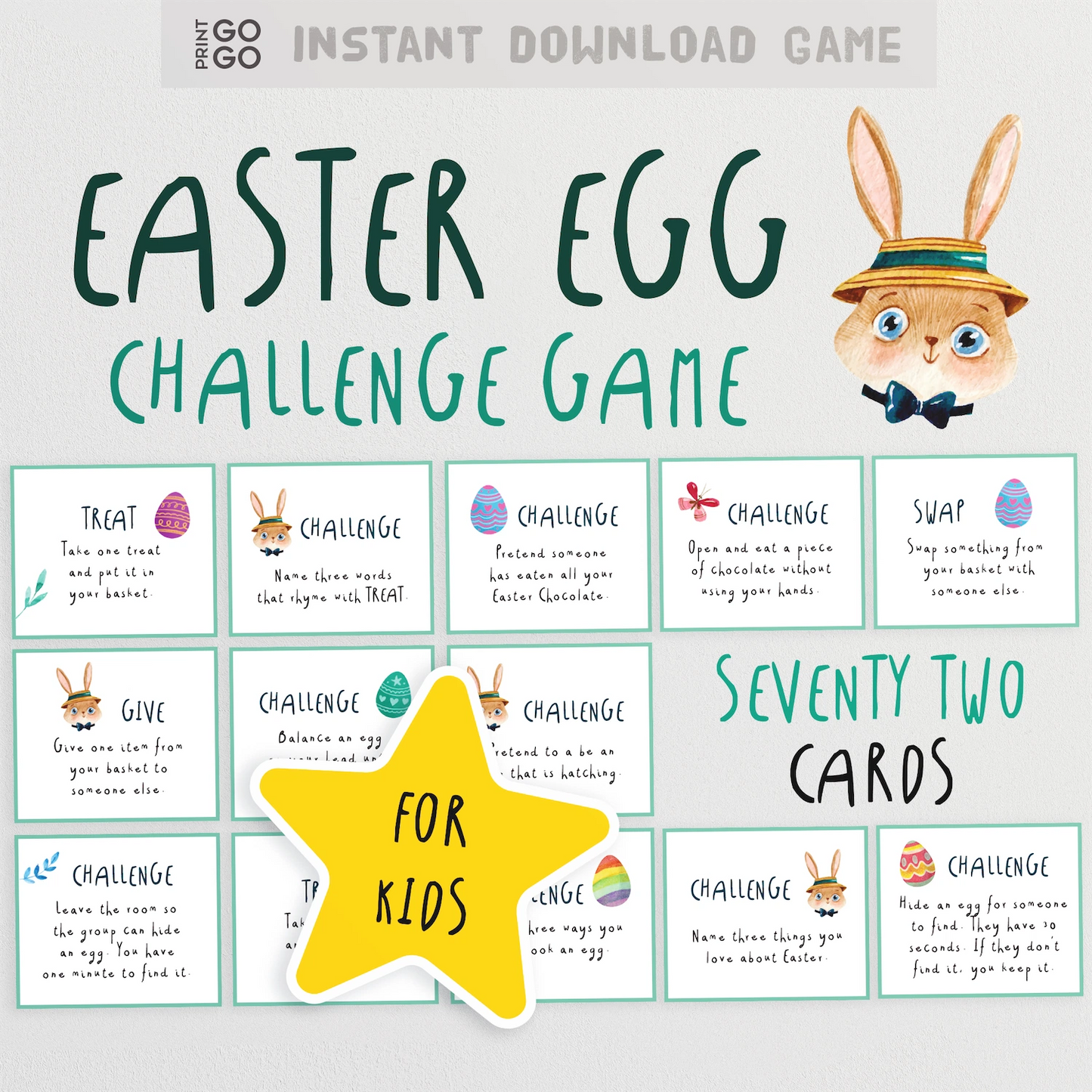 Easter egg challenge game for kids with a cartoon rabbit and text on a white background