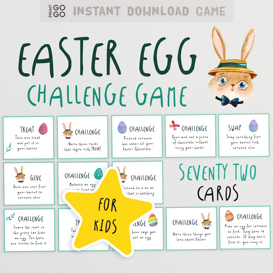 Easter egg challenge game for kids with a cartoon rabbit and text on a white background