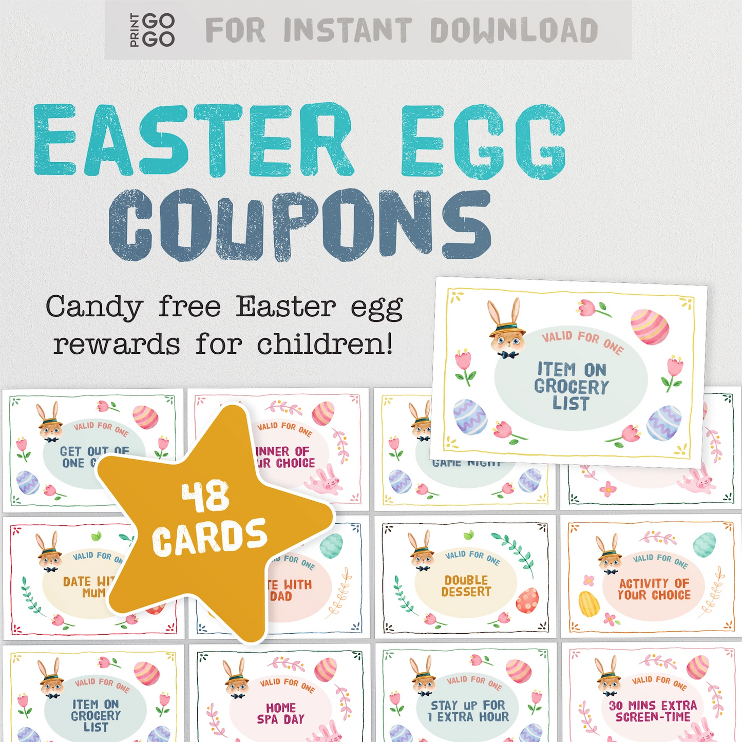 Instant download Easter egg coupons for children with colourful designs and text on a white background.