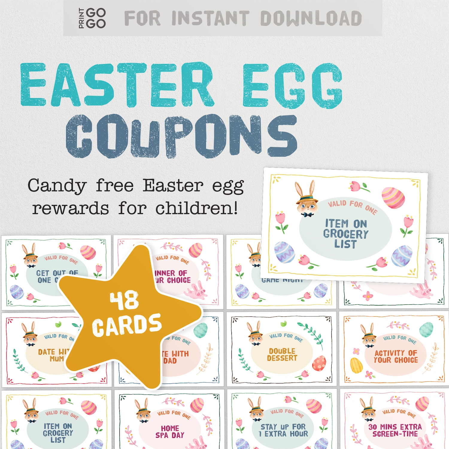 Instant download Easter egg coupons for children with colourful designs and text on a white background.