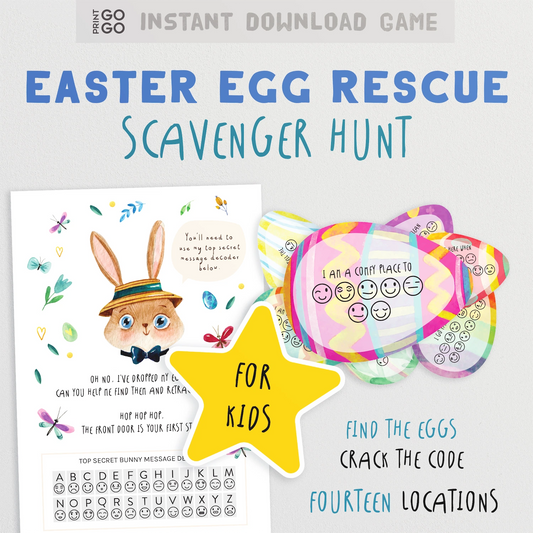Easter egg rescue scavenger hunt game for kids with a bunny illustration and colorful eggs.
