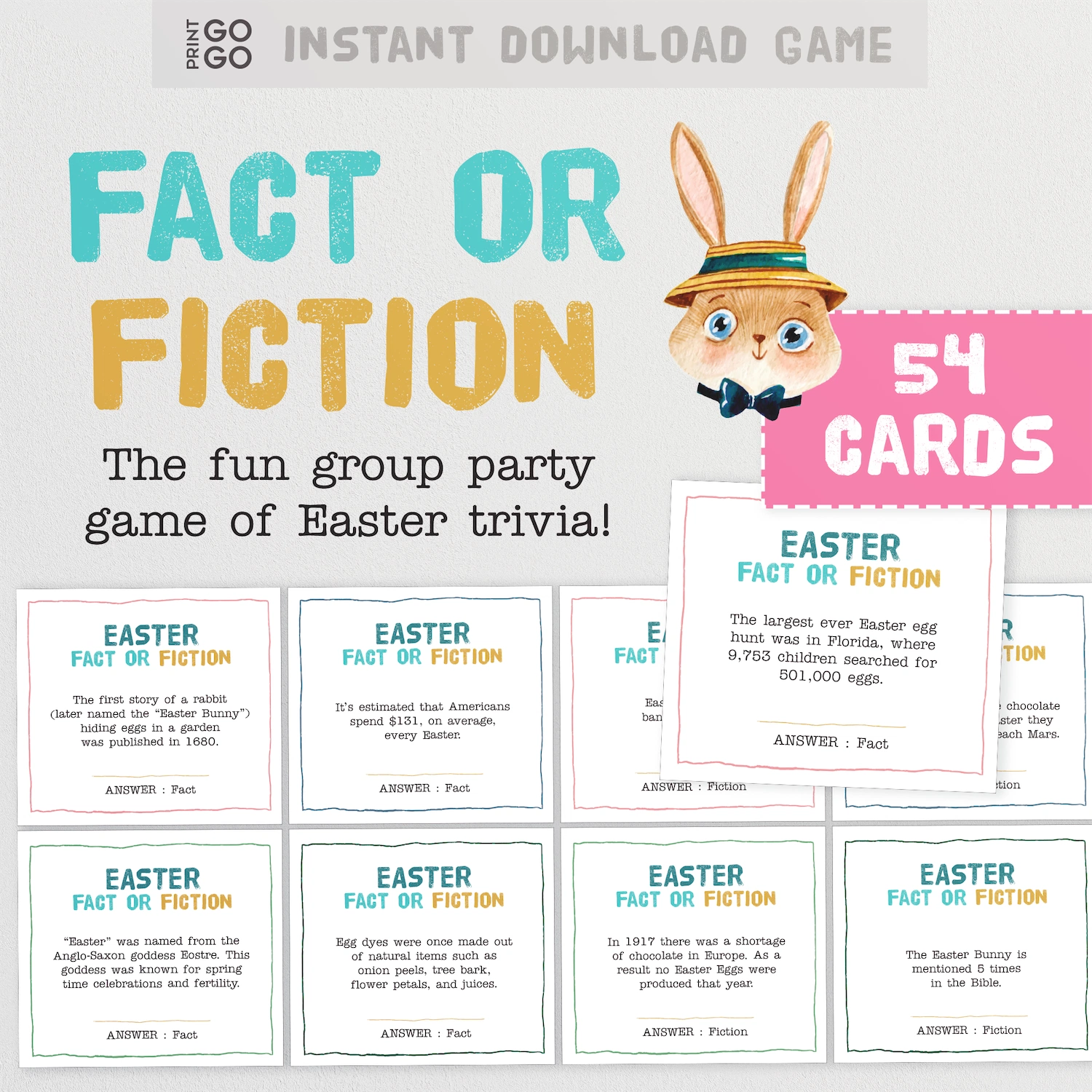 Easter trivia game with cards and a cartoon rabbit character on a light gray background.