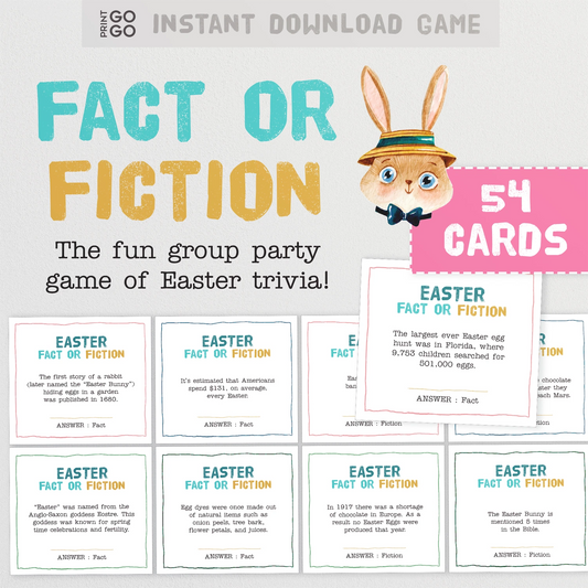 Easter trivia game with cards and a cartoon rabbit character on a light gray background.