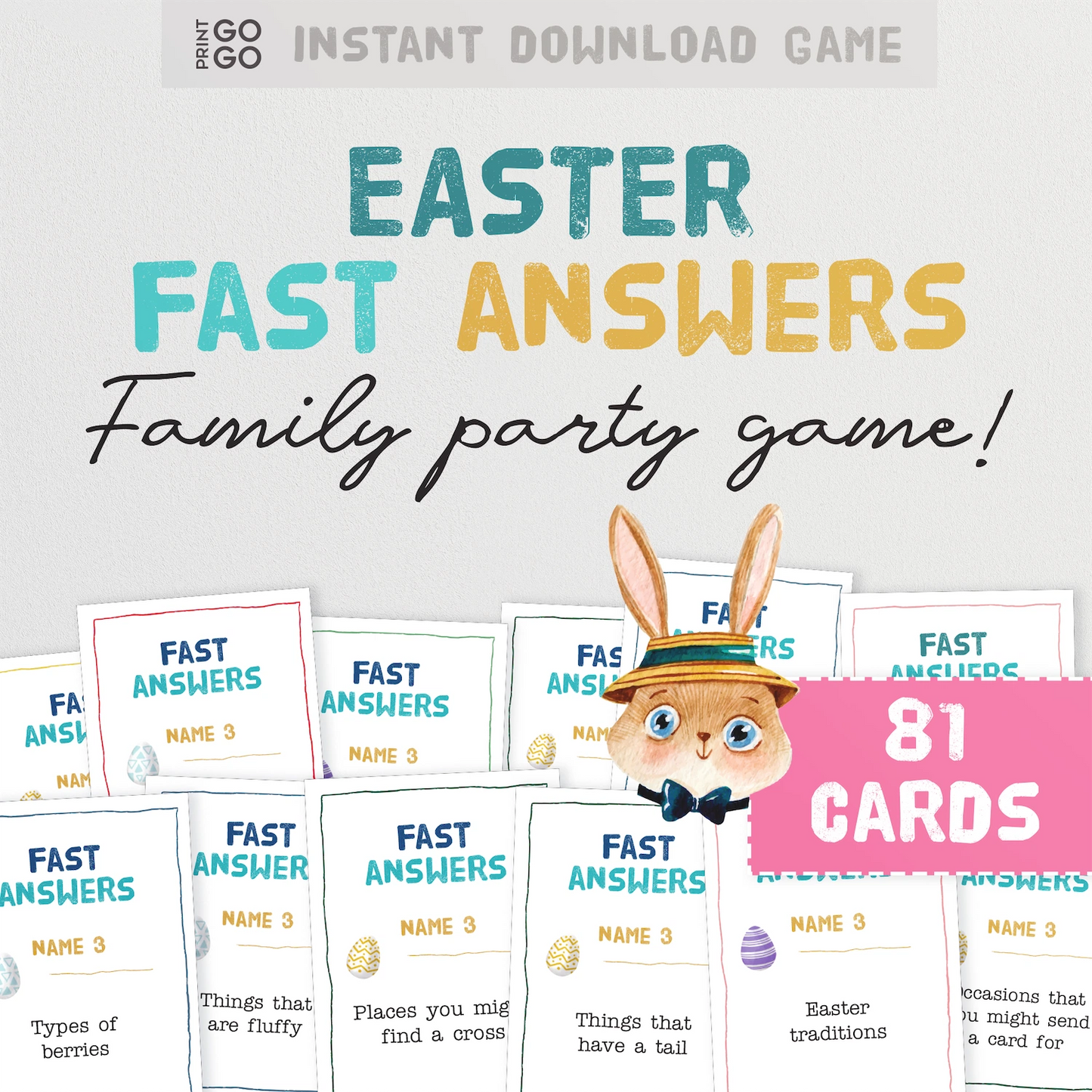Easter Fast Answers family party game with cards and a cartoon rabbit character on a white background.