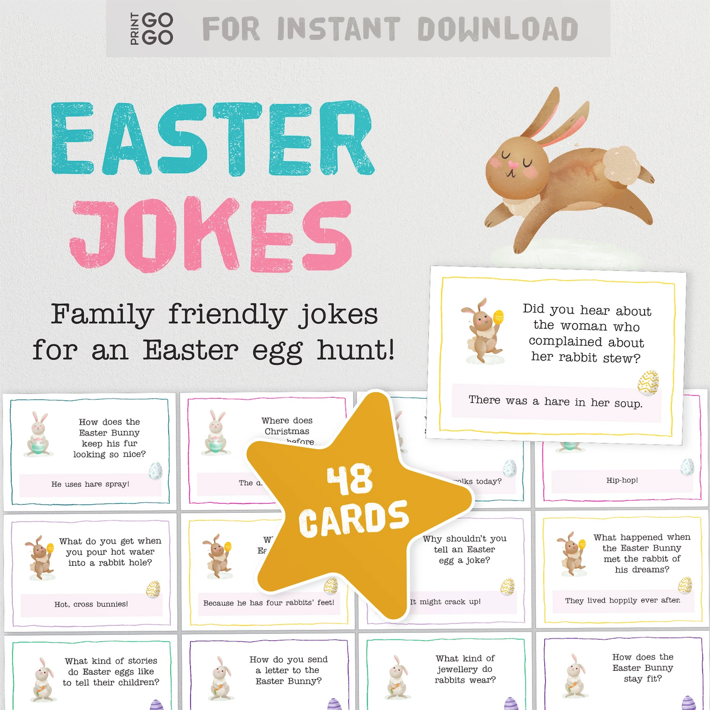 Instant download Easter jokes for children with a cartoon rabbit and family-friendly jokes.