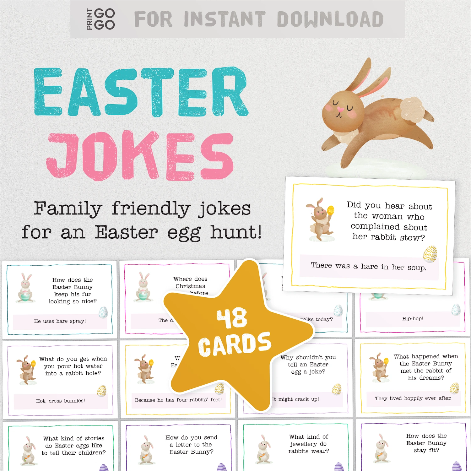 Instant download Easter jokes for children with a cartoon rabbit and family-friendly jokes.