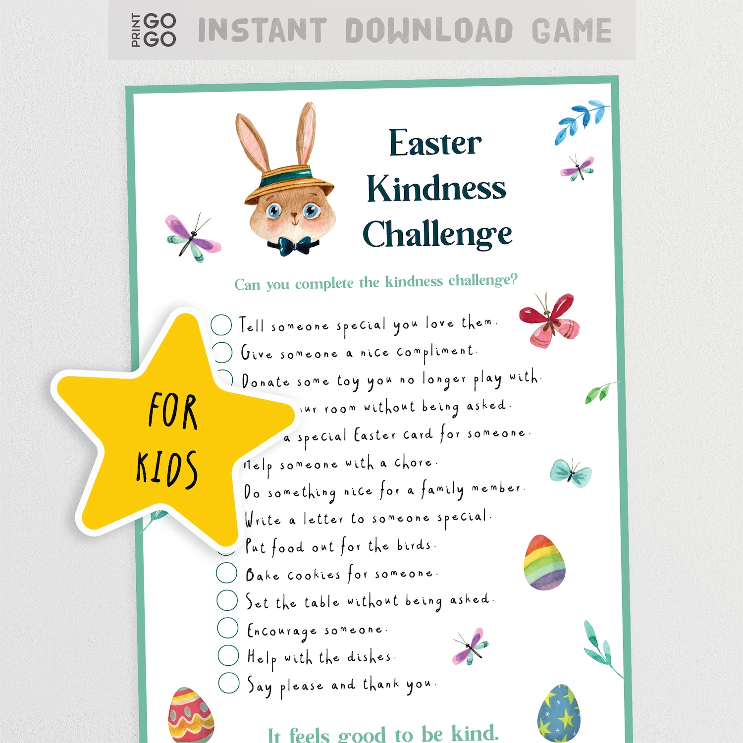 Easter Kindness Challenge for kids with a cartoon rabbit and Easter eggs on a white background.